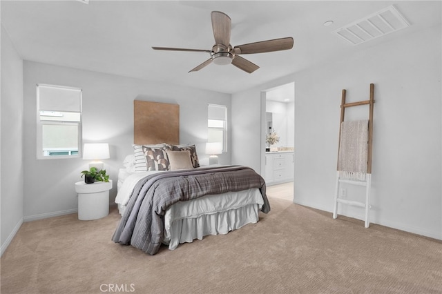 11824 Stonefield Dr, Corona, CA 92883 - bedroom featuring light carpet, ensuite bathroom, and a ceiling fan