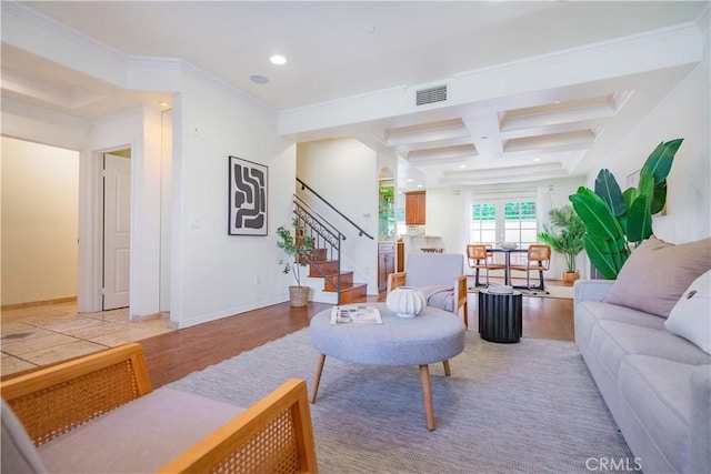 332 Allendale Rd Unit 5, Pasadena, CA 91106 - living area with coffered ceiling, light wood-type flooring, stairway, recessed lighting, and beamed ceiling