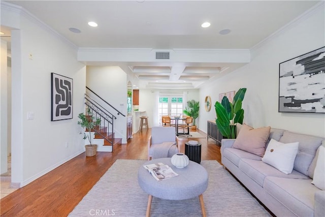 332 Allendale Rd Unit 5, Pasadena, CA 91106 - living area featuring wood finished floors, coffered ceiling, stairs, recessed lighting, and beam ceiling
