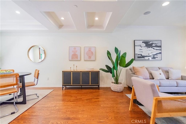 332 Allendale Rd Unit 5, Pasadena, CA 91106 - living area with beam ceiling, ornamental molding, recessed lighting, coffered ceiling, and light wood-style flooring