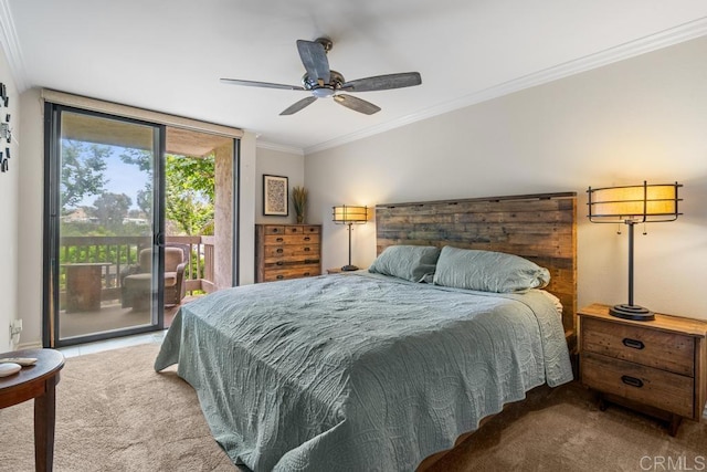 999 N Pacific St Unit A208, Oceanside, CA 92054 - bedroom with carpet, access to exterior, ornamental molding, and a ceiling fan