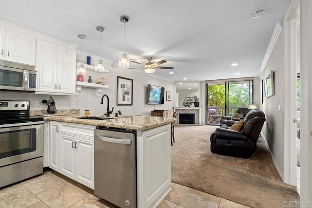 999 N Pacific St Unit A208, Oceanside, CA 92054 - kitchen featuring appliances with stainless steel finishes, crown molding, light carpet, a peninsula, and open floor plan