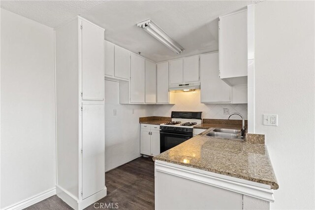 450 E 4th St Unit 419, Santa Ana, CA 92701 - kitchen with gas range oven, under cabinet range hood, white cabinets, decorative backsplash, and dark wood-style floors