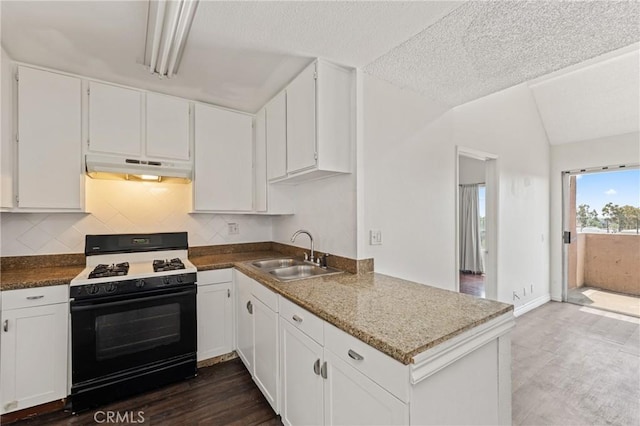 450 E 4th St Unit 419, Santa Ana, CA 92701 - kitchen featuring range with gas cooktop, under cabinet range hood, white cabinetry, backsplash, and vaulted ceiling