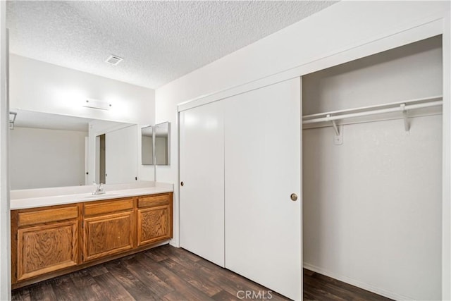37224 Halfmoon Dr, Palmdale, CA 93550 - bathroom with wood finished floors, vanity, a textured ceiling, and a walk in closet