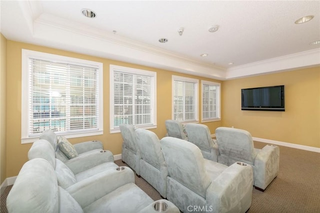 2750 Artesia Blvd Unit 313, Redondo Beach, CA 90278 - living room with a tray ceiling, crown molding, carpet flooring, and recessed lighting