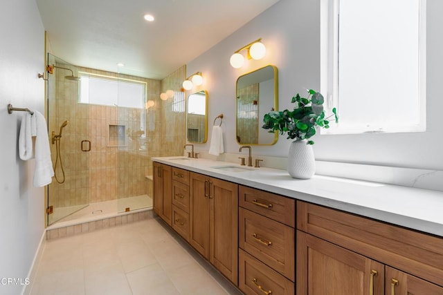 3874 W Point Dr, Los Angeles, CA 90065 - full bathroom with double vanity, a shower stall, and tile patterned flooring