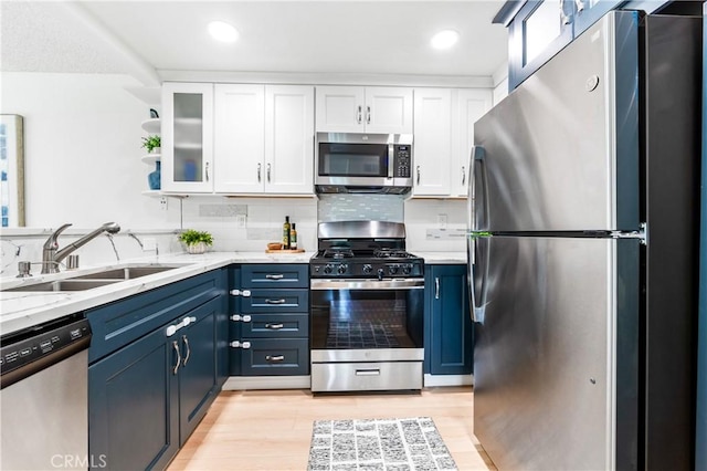 1442 Brett Pl Unit 31, San Pedro, CA 90732 - kitchen with appliances with stainless steel finishes, white cabinets, light wood finished floors, blue cabinetry, and tasteful backsplash