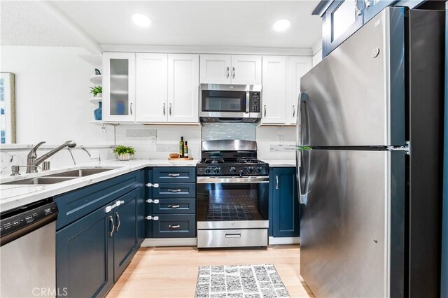 1442 Brett Pl Unit 31, San Pedro, CA 90732 - kitchen with stainless steel appliances, white cabinetry, light wood finished floors, blue cabinetry, and backsplash
