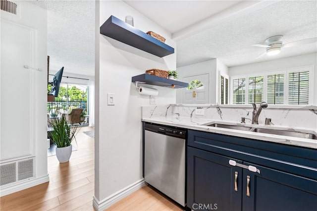 1442 Brett Pl Unit 31, San Pedro, CA 90732 - kitchen with dishwasher, open shelves, blue cabinets, light wood-style floors, and a textured ceiling