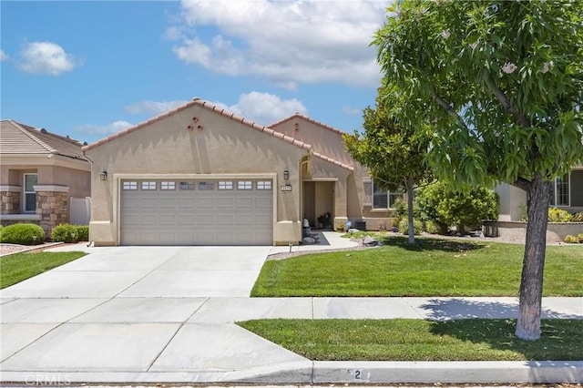 1525 Corte Alamonte, Hemet, CA 92545 - mediterranean / spanish-style home featuring stucco siding, an attached garage, a tiled roof, and driveway