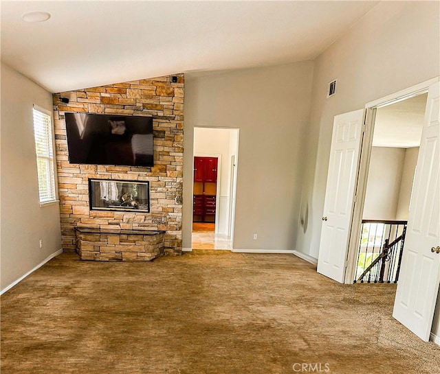 1073 Peter Christian Cir, Corona, CA 92881 - unfurnished living room featuring carpet flooring, a fireplace, and high vaulted ceiling