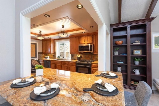 1915 Volk Ave, Long Beach, CA 90815 - kitchen featuring black appliances, a tray ceiling, decorative backsplash, brown cabinets, and recessed lighting