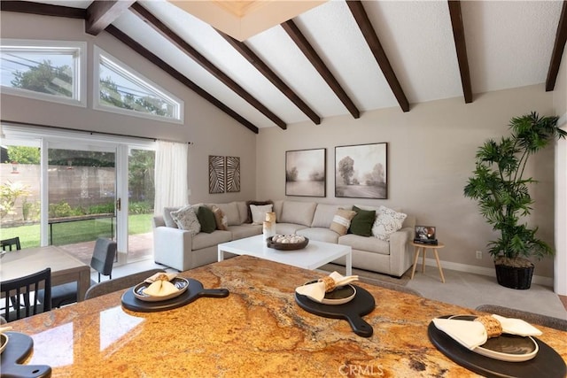 1915 Volk Ave, Long Beach, CA 90815 - living area with beamed ceiling, carpet flooring, and high vaulted ceiling