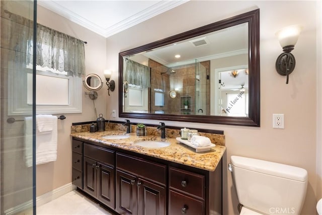 1915 Volk Ave, Long Beach, CA 90815 - bathroom with double vanity, a stall shower, and crown molding