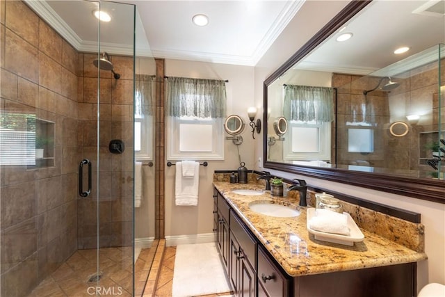 1915 Volk Ave, Long Beach, CA 90815 - bathroom with a stall shower, double vanity, recessed lighting, ornamental molding, and tile patterned flooring