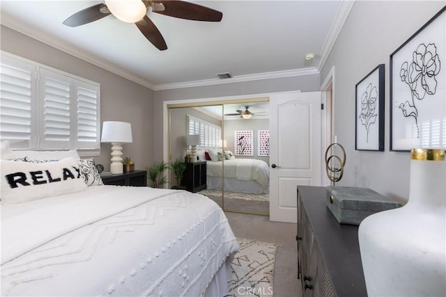 1915 Volk Ave, Long Beach, CA 90815 - bedroom featuring light carpet, a closet, ornamental molding, and a ceiling fan