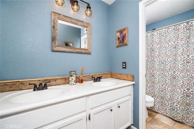 30050 Cabo Del Oeste, Highland, CA 92346 - bathroom with double vanity, tile patterned floors, and a shower with shower curtain