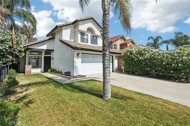 1497 Ruby Dr, Perris, CA 92571 - mediterranean / spanish-style home featuring driveway, stucco siding, a tile roof, and an attached garage