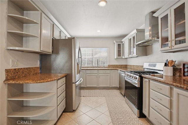 22832 Larkin St, Lake Forest, CA 92630 - kitchen featuring appliances with stainless steel finishes, wall chimney exhaust hood, open shelves, light tile patterned flooring, and recessed lighting