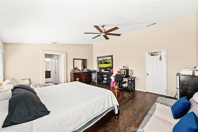 25969 Magnifica Ct, Moreno Valley, CA 92551 - bedroom with wood finished floors, freestanding refrigerator, and a ceiling fan