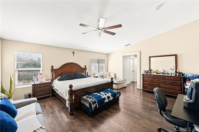 25969 Magnifica Ct, Moreno Valley, CA 92551 - bedroom with vaulted ceiling, multiple windows, dark wood-type flooring, and ceiling fan