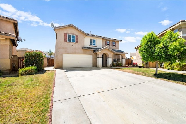 25969 Magnifica Ct, Moreno Valley, CA 92551 - mediterranean / spanish-style house with a garage, stucco siding, concrete driveway, a gate, and a tile roof