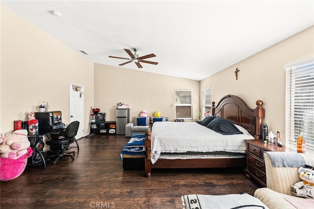 25969 Magnifica Ct, Moreno Valley, CA 92551 - bedroom with lofted ceiling, wood finished floors, freestanding refrigerator, and ceiling fan