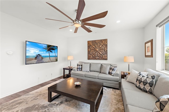 527 S Motif St, Anaheim, CA 92805 - living area with wood finished floors, ceiling fan, and recessed lighting