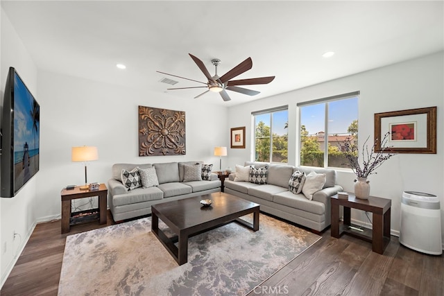 527 S Motif St, Anaheim, CA 92805 - living area featuring ceiling fan, dark wood finished floors, and recessed lighting