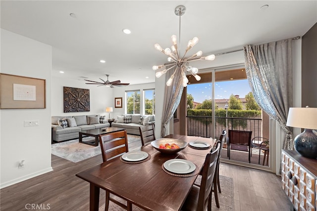 527 S Motif St, Anaheim, CA 92805 - dining space featuring wood finished floors, recessed lighting, a chandelier, and ceiling fan