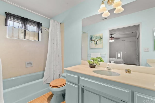 7384 Ballinger, San Diego, CA 92119 - full bathroom featuring vanity, ensuite bathroom, shower / bath combo, a ceiling fan, and wood finished floors