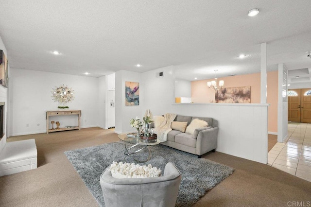 7384 Ballinger, San Diego, CA 92119 - tiled living area with recessed lighting, carpet, a chandelier, a fireplace with raised hearth, and a textured ceiling