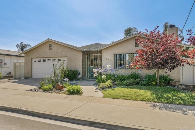 7384 Ballinger, San Diego, CA 92119 - view of front facade featuring an attached garage, stucco siding, concrete driveway, and a chimney