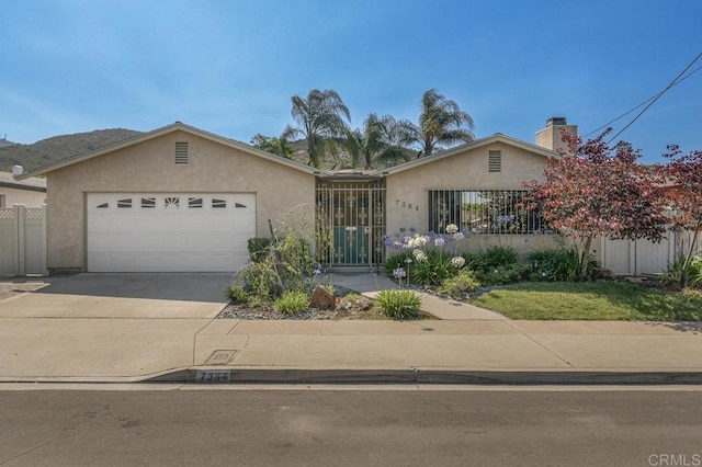 7384 Ballinger, San Diego, CA 92119 - ranch-style home with a garage, stucco siding, driveway, and a chimney