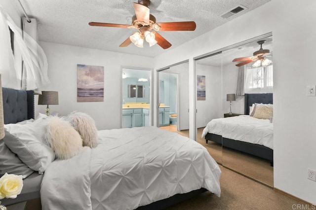 7384 Ballinger, San Diego, CA 92119 - carpeted bedroom featuring a textured ceiling, a ceiling fan, and ensuite bath