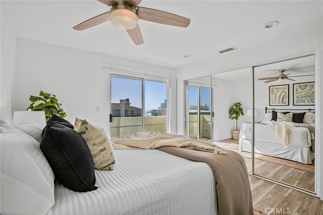 4216 Highland Ave Unit B, Manhattan Beach, CA 90266 - bedroom with access to exterior, light wood-type flooring, ceiling fan, and a closet