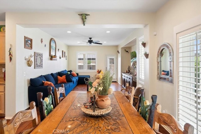 253 Kieswetter St, Colton, CA 92324 - dining space featuring a ceiling fan, recessed lighting, and wood finished floors