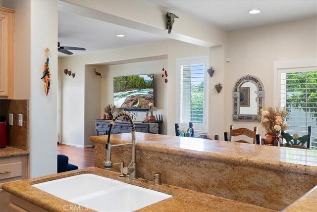 253 Kieswetter St, Colton, CA 92324 - kitchen with ceiling fan, recessed lighting, wood finished floors, and light stone counters