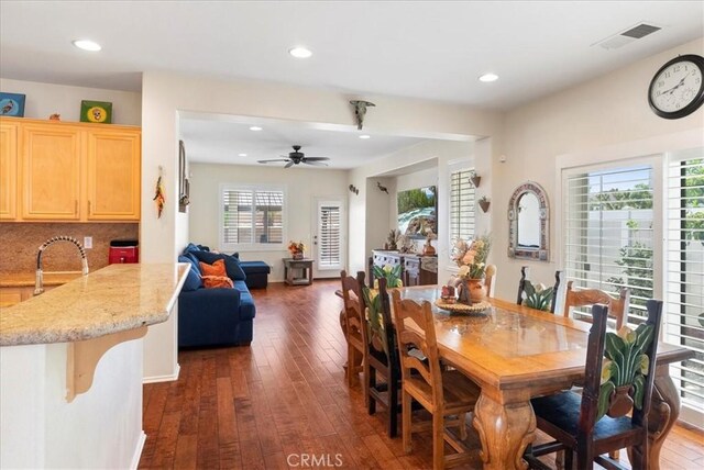 253 Kieswetter St, Colton, CA 92324 - dining room with dark wood-style floors, ceiling fan, and recessed lighting