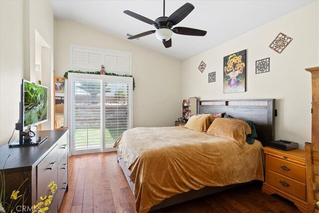 253 Kieswetter St, Colton, CA 92324 - bedroom featuring access to exterior, dark wood-style flooring, vaulted ceiling, and ceiling fan