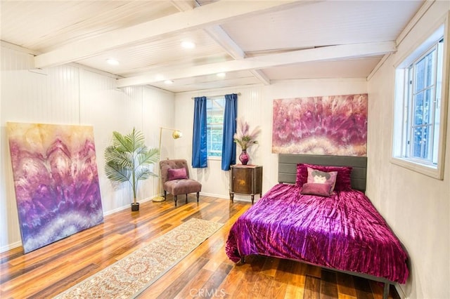 7695 Valle Ave, Atascadero, CA 93422 - bedroom with wood finished floors, recessed lighting, and a wood ceiling with exposed beams
