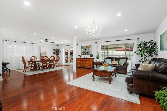 2415 Casa Grande St, Pasadena, CA 91104 - living room with recessed lighting, wood finished floors, ceiling fan, a chandelier, and ornate columns