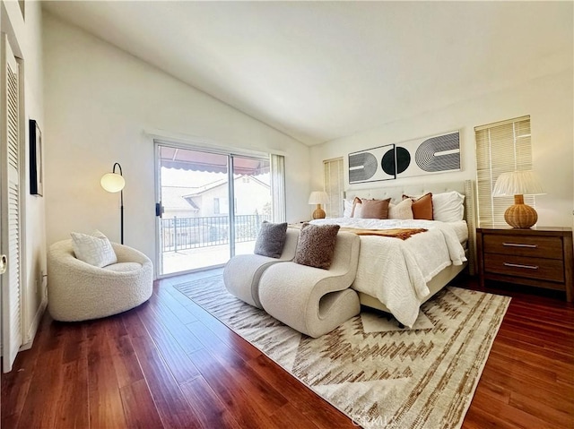 13128 Pintail Ct, Chino, CA 91710 - bedroom featuring lofted ceiling, access to outside, and dark wood finished floors