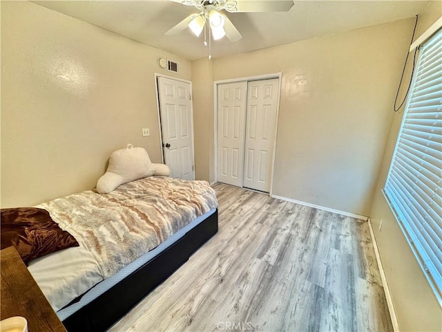 3425 Clifton Ave, Highland, CA 92346 - bedroom with light wood finished floors, a closet, and ceiling fan