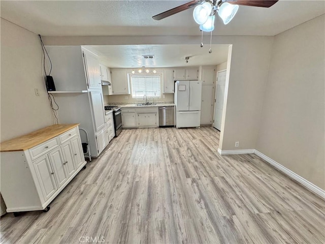 3425 Clifton Ave, Highland, CA 92346 - kitchen with stainless steel appliances, ceiling fan, light countertops, light wood finished floors, and white cabinets