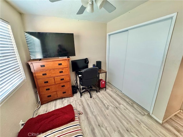 3425 Clifton Ave, Highland, CA 92346 - office area featuring light wood finished floors and ceiling fan
