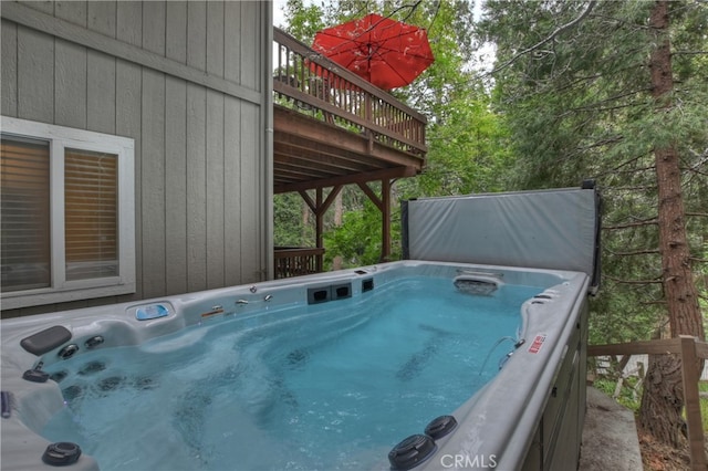 24586 Horst Dr, Crestline, CA 92325 - wooden terrace with a hot tub
