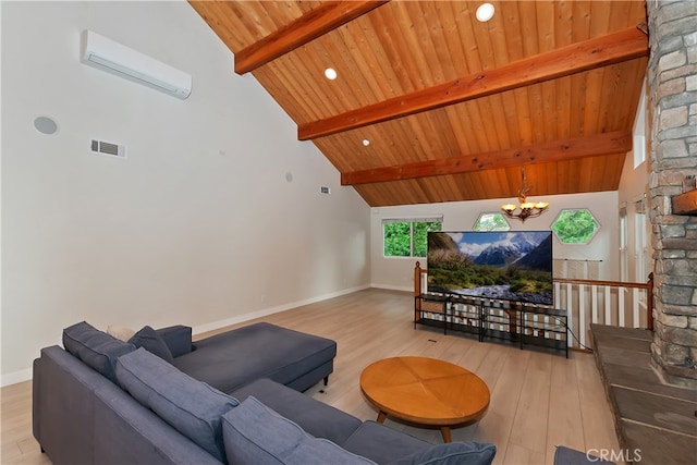 24586 Horst Dr, Crestline, CA 92325 - living area with a wood ceiling with exposed beams, a wall unit AC, light wood-type flooring, a chandelier, and high vaulted ceiling