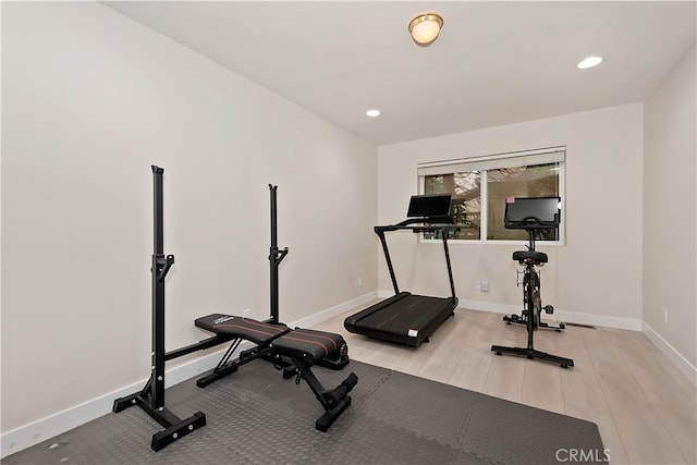 24586 Horst Dr, Crestline, CA 92325 - workout area featuring light wood-type flooring and recessed lighting